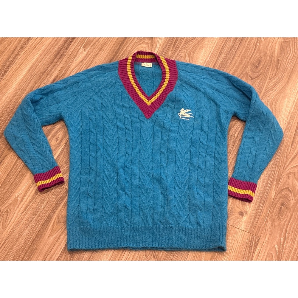Etro Milano Blue Mohair Wool Cable Knit Pegasus V-Neck Cricket Sweater XXL Italy